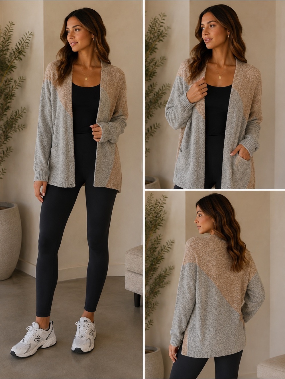 CAbi Gray and Tan Color Block Cardigan